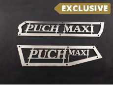 Side cover Puch Maxi N "Puch Maxi" stainless steel trim plate