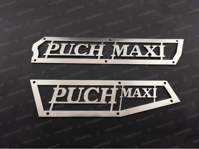 Side cover Puch Maxi N "Puch Maxi" stainless steel trim plate 1