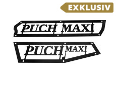 Seitenverkleidung Puch Maxi N Zierplatte mit Tekst Edelstahl Schwarz