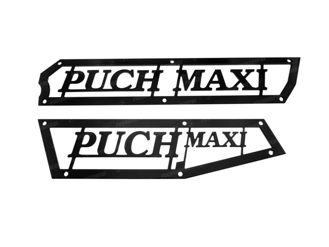 Side cover Puch Maxi N "Puch Maxi" stainless steel trim plate black main