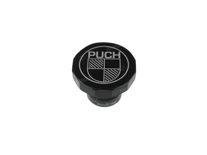 Tankdop 30mm Puch Maxi ori logo aluminium zwart geanodiseerd