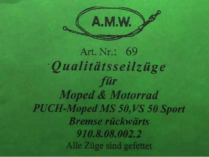 Bowdenzug Puch MS50 / VS50 Sport Bremse hinter mit rollennippel A.M.W. product