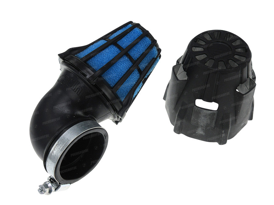 Luchtfilter 46mm schuim Polini 90 graden haaks zwart / blauw product