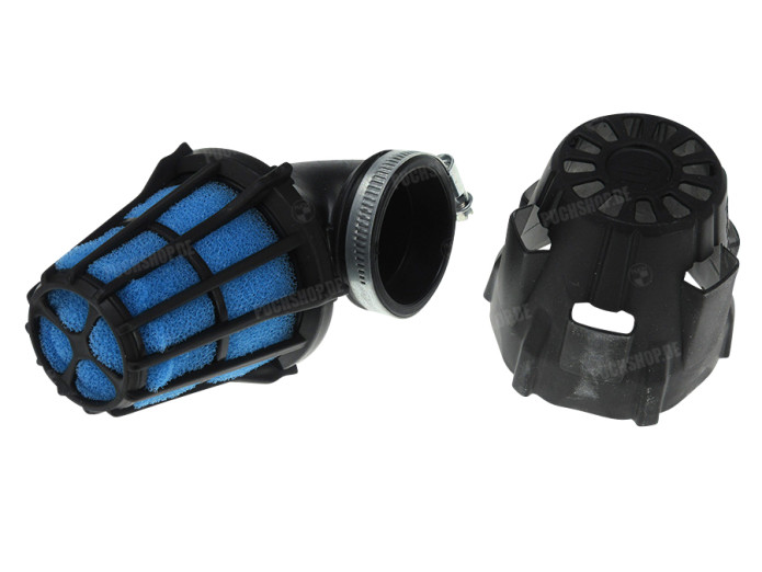 Air filter 46mm foam Polini Air Box angled 90 degrees black / blue