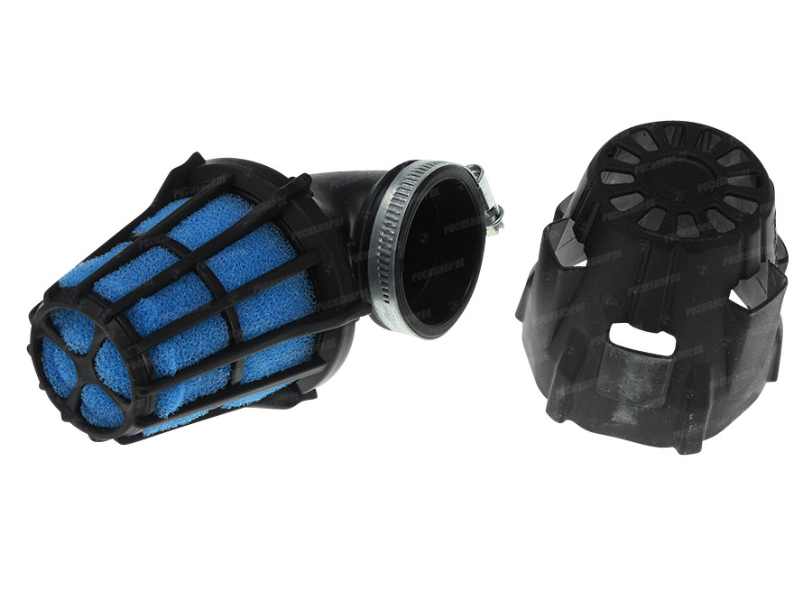 Luchtfilter 46mm schuim Polini 90 graden haaks zwart / blauw product