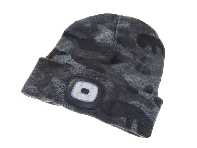 Beanie muts met LED lamp grijs camouflage product
