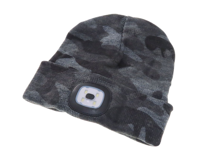 Beanie muts met LED lamp grijs camouflage main