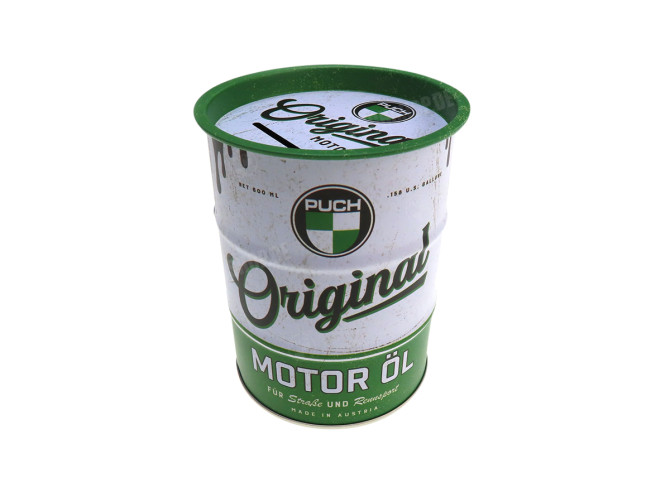 Money box tin oil drum with Puch logo 120x90mm main