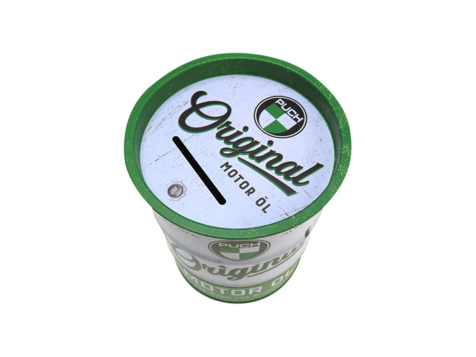 Money box tin oil drum with Puch logo 120x90mm