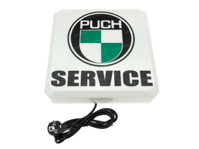 Lichtwerbung quadratisch Puch-Logo rund service main