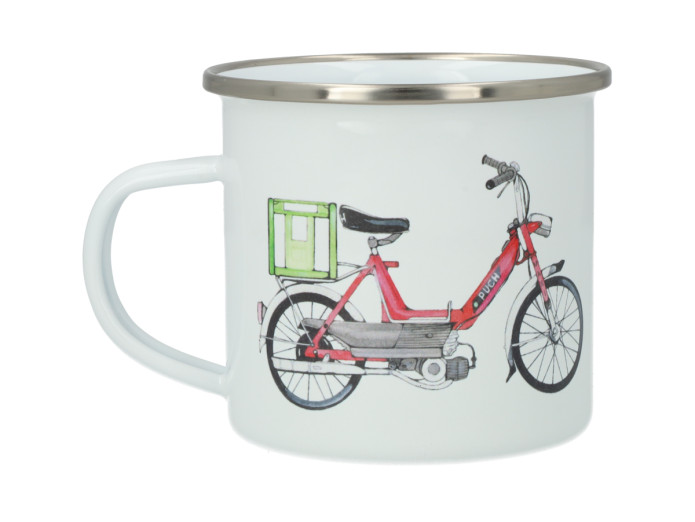 Lakor Puch Roter Emaille-Tasse Weiß 350ml – Ikonisches Puch Maxi Design
