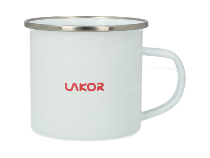 Lakor Puch Roter Emaille-Tasse Weiß 350ml – Ikonisches Puch Maxi Design