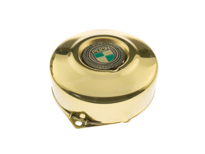 Vliegwieldeksel Puch Maxi E50 / Z50 / ZA50 *Exclusive* Candy Gold met RealMetal embleem Vliegwieldeksel Puch Maxi E50 / Z50 / ZA50 *Exclusive* Candy Gold met RealMetal embleem