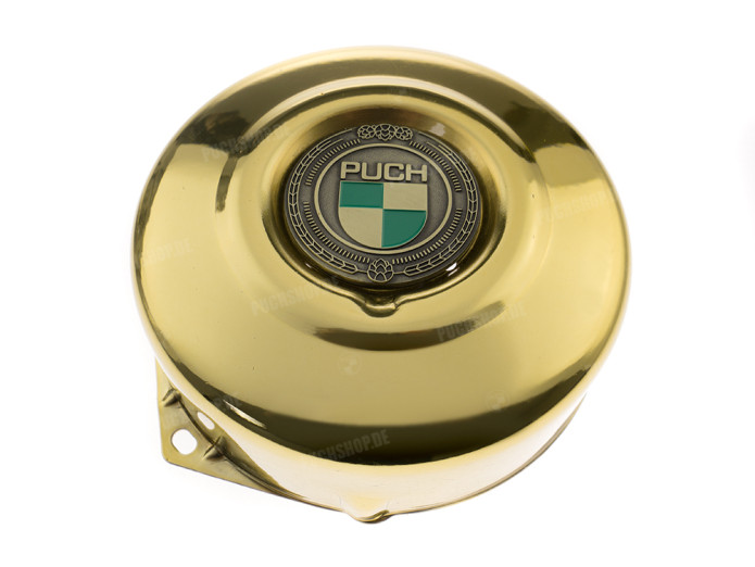 Vliegwieldeksel Puch Maxi E50 / Z50 / ZA50 *Exclusive* Candy Gold met RealMetal embleem Vliegwieldeksel Puch Maxi E50 / Z50 / ZA50 *Exclusive* Candy Gold met RealMetal embleem