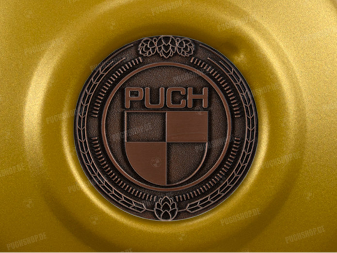 Polraddeckel Puch Maxi E50 / Z50 / ZA50 Gold mit RealMetal Emblem (nach Wahl)