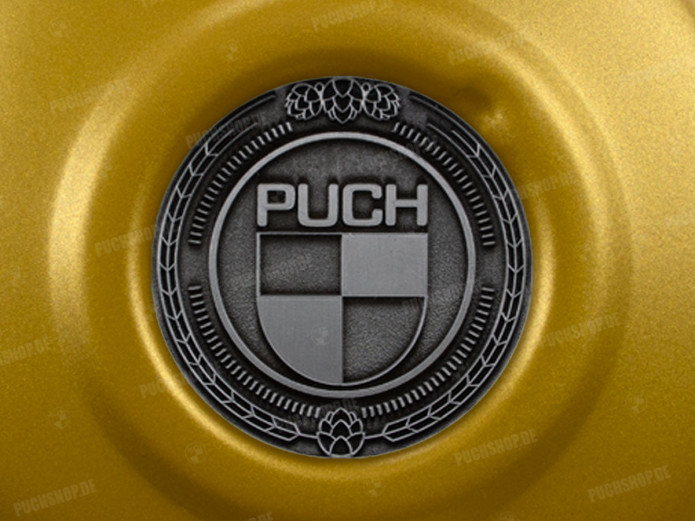 Polraddeckel Puch Maxi E50 / Z50 / ZA50 Gold mit RealMetal Emblem (nach Wahl)