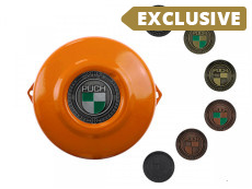Flywheel cover Puch E50 / Z50 / ZA50 KTM Orange with RealMetal® emblem (of your choice)