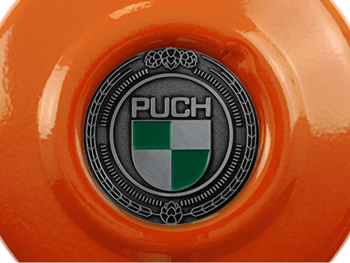 Vliegwieldeksel Puch Maxi E50 / Z50 / ZA50 KTM Oranje met RealMetal embleem (naar keuze)