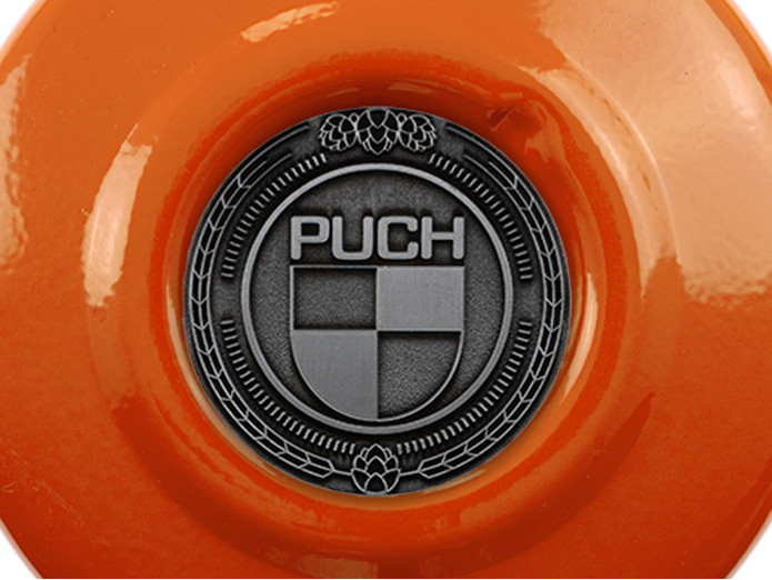 Vliegwieldeksel Puch Maxi E50 / Z50 / ZA50 KTM Oranje met RealMetal embleem (naar keuze)