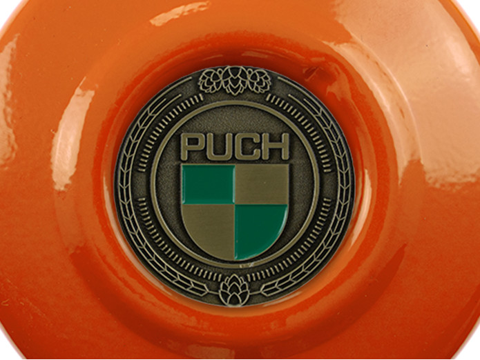 Vliegwieldeksel Puch Maxi E50 / Z50 / ZA50 KTM Oranje met RealMetal embleem (naar keuze)