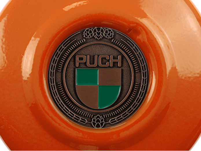 Vliegwieldeksel Puch Maxi E50 / Z50 / ZA50 KTM Oranje met RealMetal embleem (naar keuze)