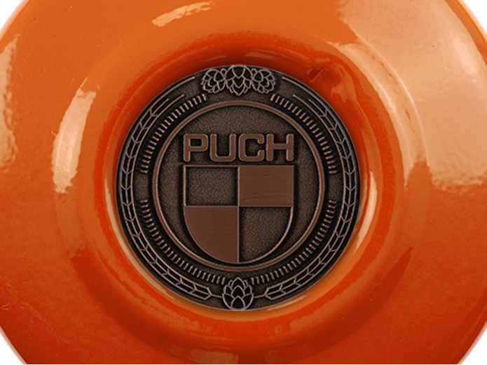 Vliegwieldeksel Puch Maxi E50 / Z50 / ZA50 KTM Oranje met RealMetal embleem (naar keuze)