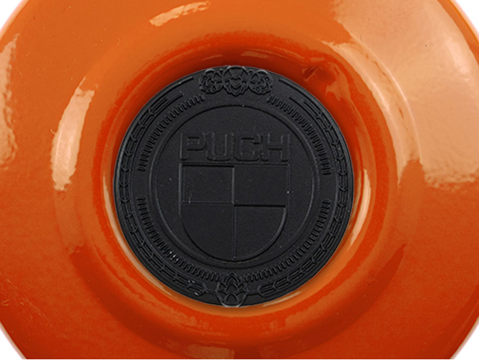 Vliegwieldeksel Puch Maxi E50 / Z50 / ZA50 KTM Oranje met RealMetal embleem (naar keuze)