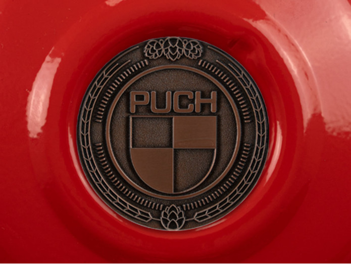 Flywheel cover Puch Maxi E50 / Z50 / ZA50 fire red with RealMetal emblem (of your choice)