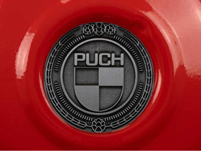 Flywheel cover Puch Maxi E50 / Z50 / ZA50 fire red with RealMetal emblem (of your choice)