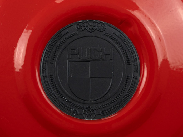 Flywheel cover Puch Maxi E50 / Z50 / ZA50 fire red with RealMetal emblem (of your choice)