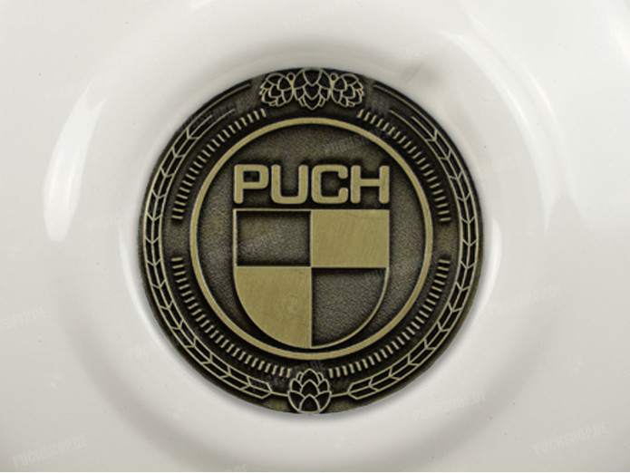 Flywheel cover Puch Maxi E50 / Z50 / ZA50 gloss white with RealMetal emblem (of your choice)