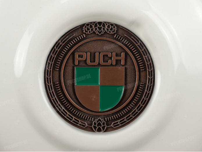 Flywheel cover Puch Maxi E50 / Z50 / ZA50 gloss white with RealMetal emblem (of your choice)