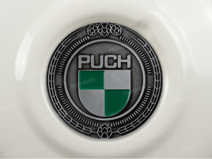 Flywheel cover Puch Maxi E50 / Z50 / ZA50 gloss white with RealMetal emblem (of your choice)
