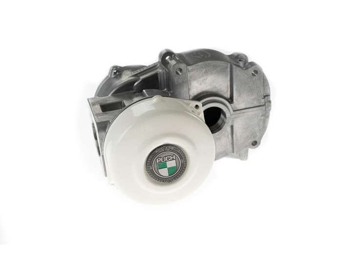 Flywheel cover Puch Maxi E50 / Z50 / ZA50 gloss white with RealMetal emblem (of your choice)