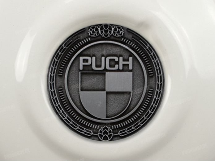 Flywheel cover Puch Maxi E50 / Z50 / ZA50 gloss white with RealMetal emblem (of your choice)