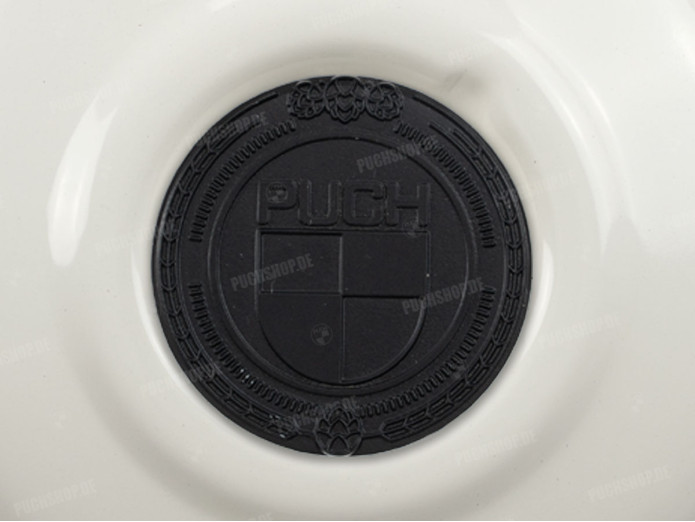 Flywheel cover Puch Maxi E50 / Z50 / ZA50 gloss white with RealMetal emblem (of your choice)