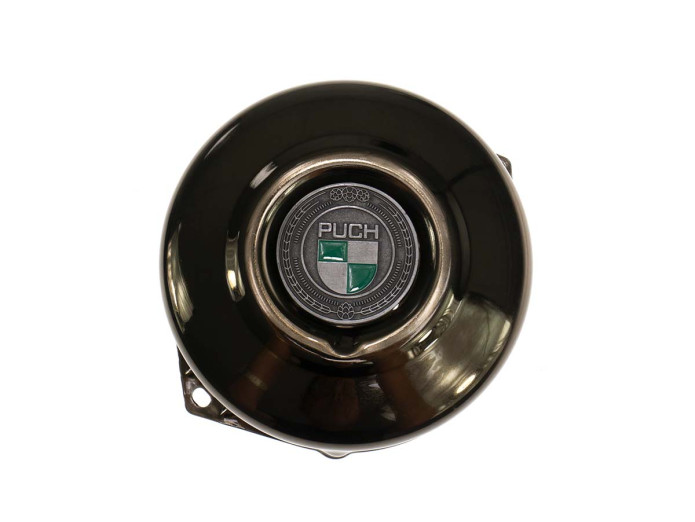 Vliegwieldeksel Puch Maxi E50 / Z50 / ZA50 *Exclusive* black chrome met RealMetal embleem Vliegwieldeksel Puch Maxi E50 / Z50 / ZA50 *Exclusive* black chrome met RealMetal embleem