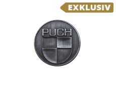 Aufkleber Puch logo rund 38mm Real Metal Silberfarbe