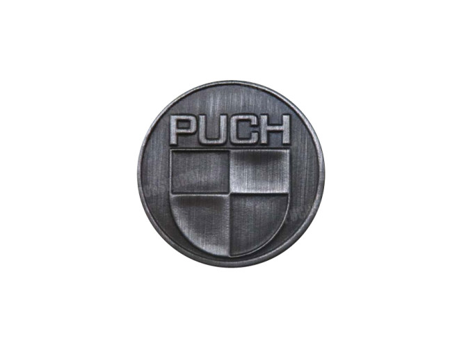 Aufkleber Puch logo rund 38mm RealMetal Silberfarbe main