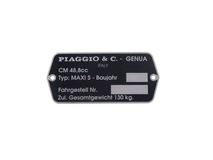 Typeplaatje Puch Maxi S Piaggio metaal