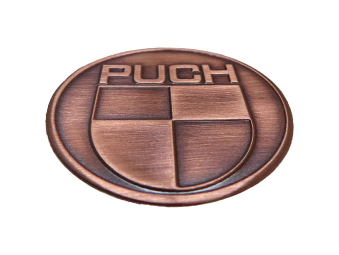 Aufkleber Puch logo rund 38mm RealMetal Kupferfarben