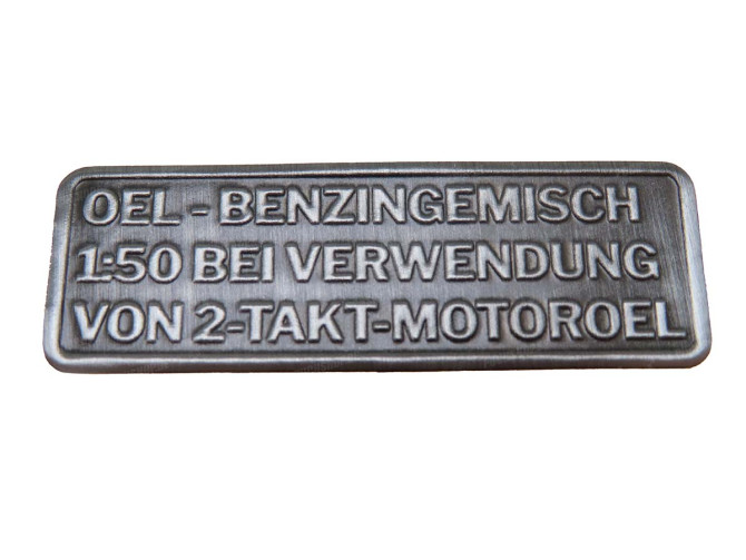 Gasoline mix sticker German RealMetal silver color main