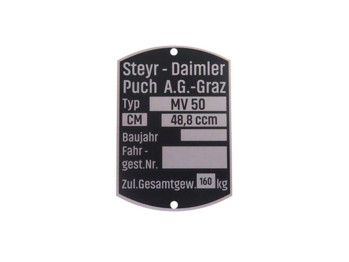 Typenschild Puch MV50 Metall