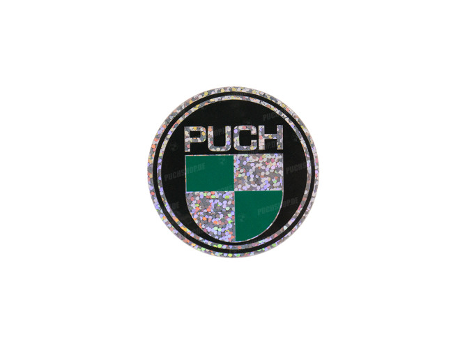Transfer sticker Puch logo rond 50mm 80's retro glitter main