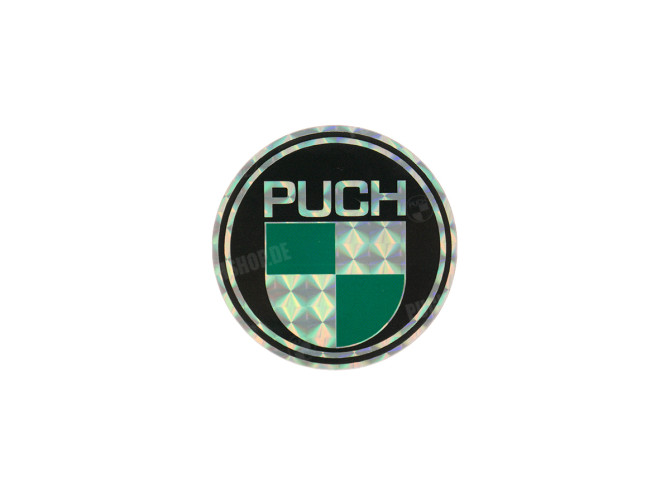 Transfer sticker Puch logo rond 50mm 80's retro prismatisch main