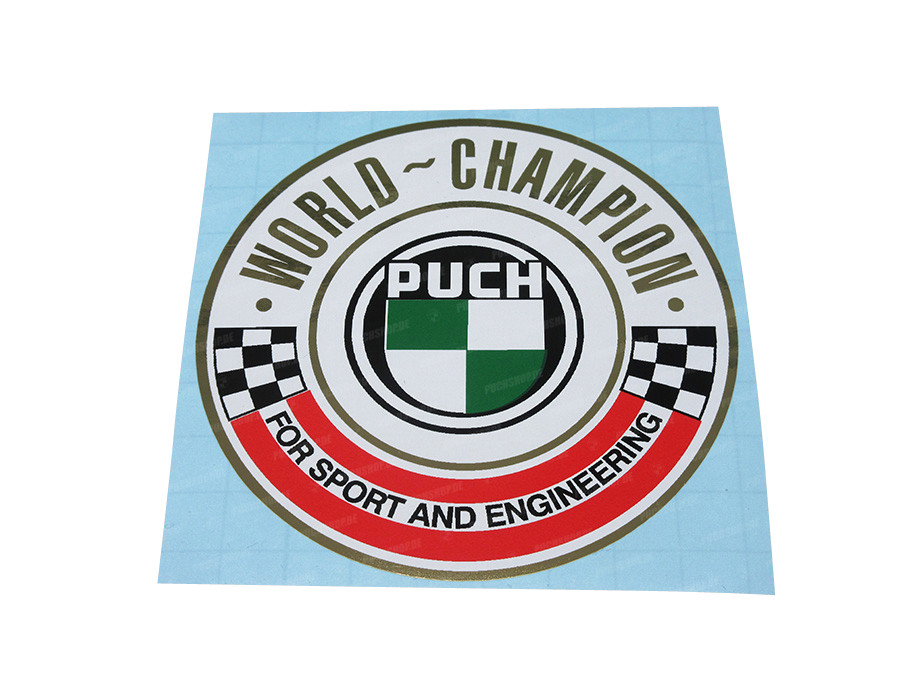 Transfer sticker Puch World Champion rond 50mm main