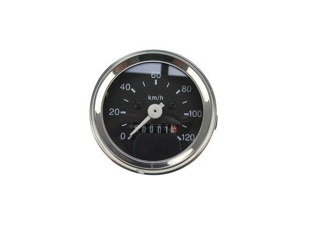 Tacho Kilometer 60mm 120 km/h Schwarz mit Chrom Ringe Universal mit Licht Anschluss product