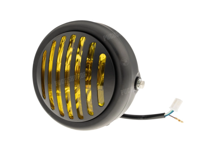 Koplamp rond 165mm halogeen 12V 35W mat zwart geel glas met rooster main
