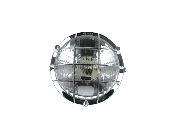 Headlight round 130mm cross with grill black with chrome (P26S / SV8.5)
