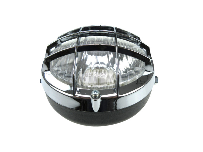 Headlight round 130mm cross with grill black with chrome (P26S / SV8.5)